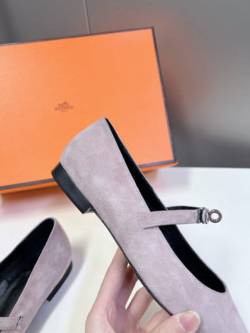 HM 26S KELLY BUCKLE MARY JANE POINTED FLATS IN TAUPE BROWN SUEDE