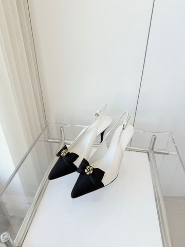 SLINGBACKS 80 MM IN WHITE CALFSKIN AND BLACK CANVAS