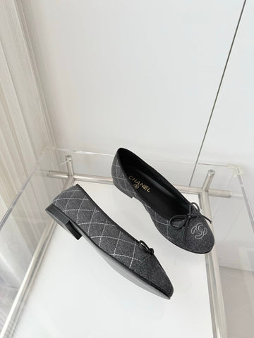 CHANEL 26S BALLET FLATS IN GREY DENIM WITH BOW