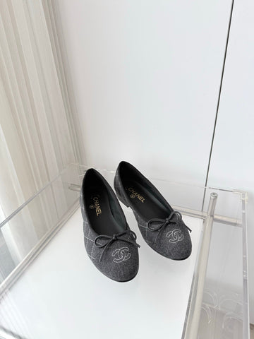 CHANEL 26S BALLET FLATS IN GREY DENIM WITH BOW
