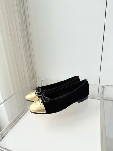 CHANEL 26S BALLET FLATS IN BLACK SUEDE WITH GOLD TOE CAP AND BOW