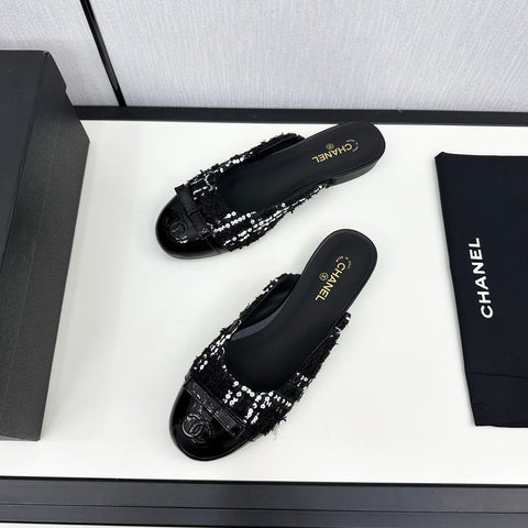 BOW MULE IN BLACK MIX WHITE FUR AND CALFSKIN