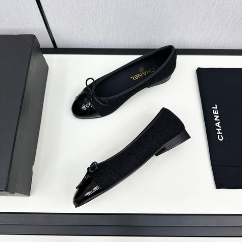 BALLET FLATS IN BLACK TWEED AND CALFSKIN