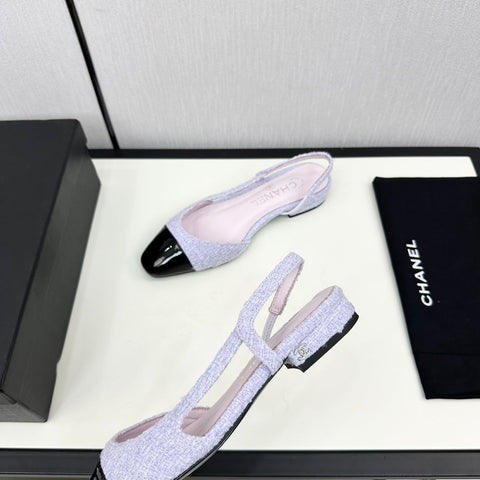SLINGBACK LIGHT BLUE TWEED AND BLACK CALFSKIN