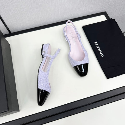 SLINGBACK LIGHT BLUE TWEED AND BLACK CALFSKIN