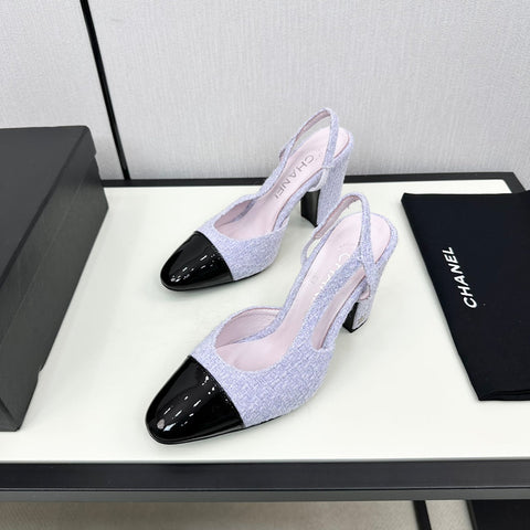 HIGH SLINGBACK LIGHT BLUE TWEED AND BLACK CALFSKIN