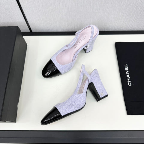 HIGH SLINGBACK LIGHT BLUE TWEED AND BLACK CALFSKIN