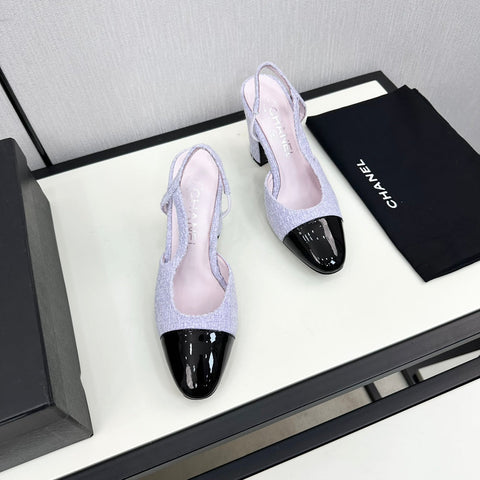 HIGH SLINGBACK LIGHT BLUE TWEED AND BLACK CALFSKIN