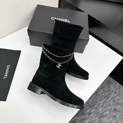 CHANEL 25S SHORT BOOTS IN BLACK SUEDE SILVER HARDWRE
