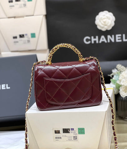 CHANEL TOP HANDLE 19 IN WINE RED LAMBSKIN GOLD HARDWARE