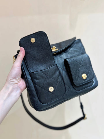 CHANEL 25S HOBO BAG 24 IN BLACK HAAS SOFT COWHIDE FABRIC