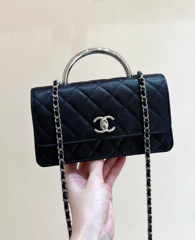 FLAP BAG WITH SILVER-TONE HANDLE 18 IN BLACK LAMBSKIN