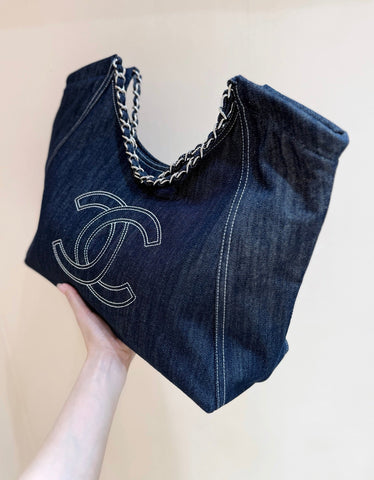 CHANEL 25S VINTEGA DENIM TOTE BAG 48 IN BLUE DENIM SILVER HARDWARE