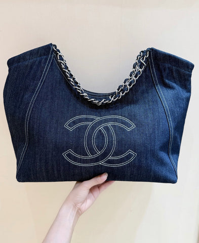 CHANEL 25S VINTEGA DENIM TOTE BAG 48 IN BLUE DENIM SILVER HARDWARE