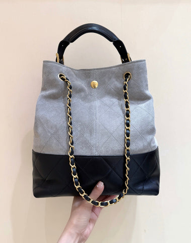 CHANEL 25S SHOPPING BAG 33 IN GREY AND BLACK SUEDE CALFSKIN