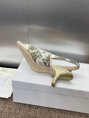 J'ADIOR HIGH SLINGBACK PUMP WHITE AND GOLD-TONE MILLEFIORI JACQUARD 65 MM