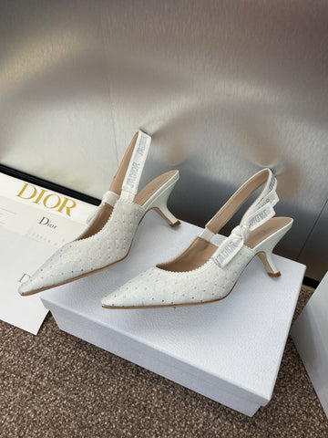 J'ADIOR SLINGBACK 25S PUMP 65MM IN WHITE FABRIC EMBOSSED CRYSTAL