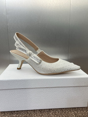 J'ADIOR SLINGBACK 25S PUMP 65MM IN WHITE FABRIC EMBOSSED CRYSTAL
