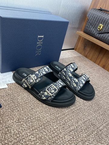 DIOR 25S DIORACT SLIDE IN DEEP BLUE CALFSKIN AND CANVAS SILVER HARDWARE
