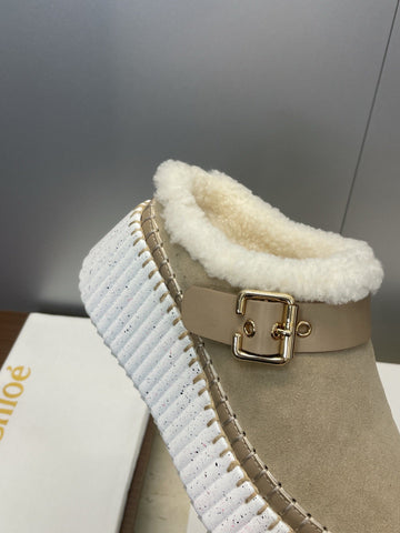 CHLOÉ 26S FUR-LINED WEDGE MULES IN DARK BEIGE SUEDE