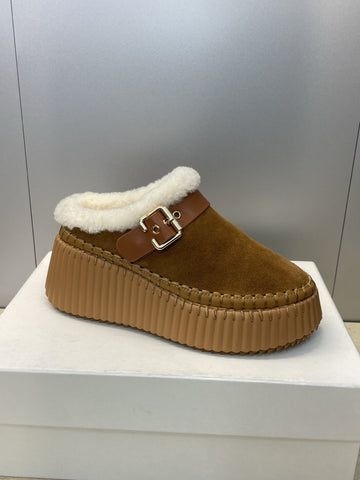 CHLOÉ 26S FUR-LINED WEDGE MULES IN BROWN SUEDE