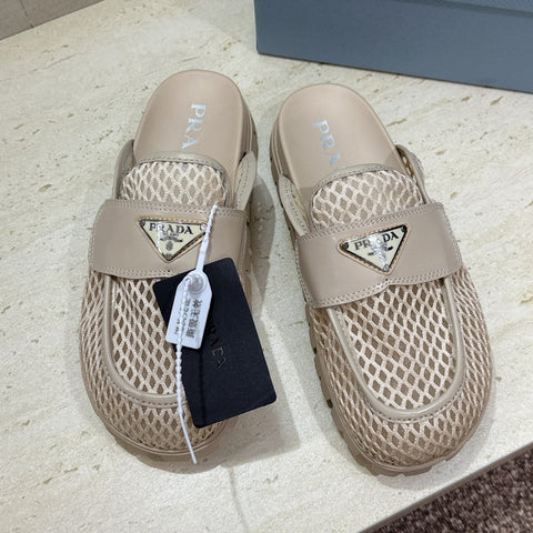 PRADA 26S MULE LOAFERS IN BEIGE MESH AND CALFSKIN