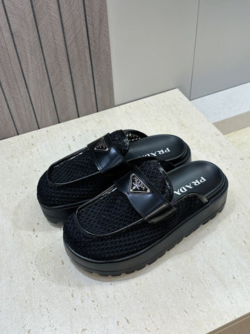 PRADA 26S MULE LOAFERS IN BLACK MESH AND CALFSKIN