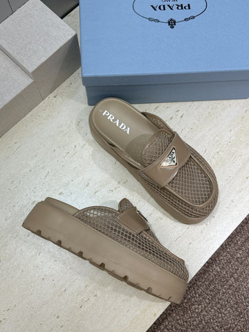 PRADA 26S MULE LOAFERS IN BROWN MESH AND CALFSKIN