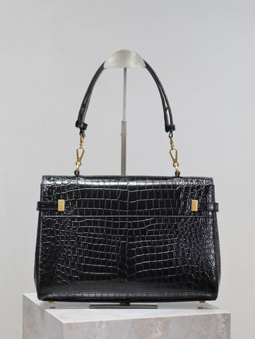 MANHATTAN HANDBAG 32 IN BLACK CROCODILE-EMBOSSED CALFSKIN GOLD HARDWARE