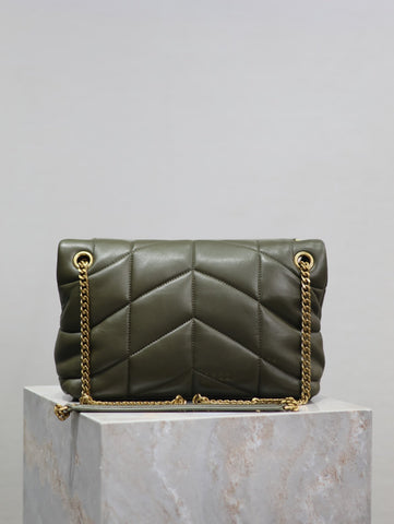 YSL 25S LOULOU PUFFER MM 29 IN DARK OLIVE CALFSKIN GOLD HARDWRE