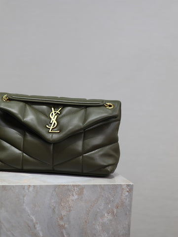 YSL 25S LOULOU PUFFER MM 29 IN DARK OLIVE CALFSKIN GOLD HARDWRE
