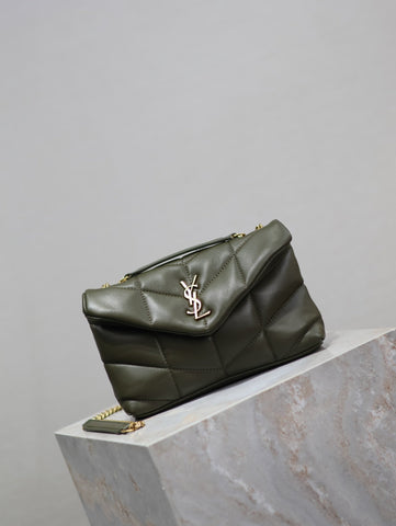 YSL 25S LOULOU PUFFER MINI 23 IN DARK OLIVE CALFSKIN GOLD HARDWARE