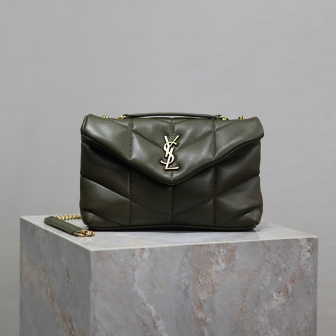 YSL 25S LOULOU PUFFER MINI 23 IN DARK OLIVE CALFSKIN GOLD HARDWARE