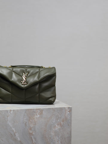 YSL 25S LOULOU PUFFER MINI 23 IN DARK OLIVE CALFSKIN GOLD HARDWARE