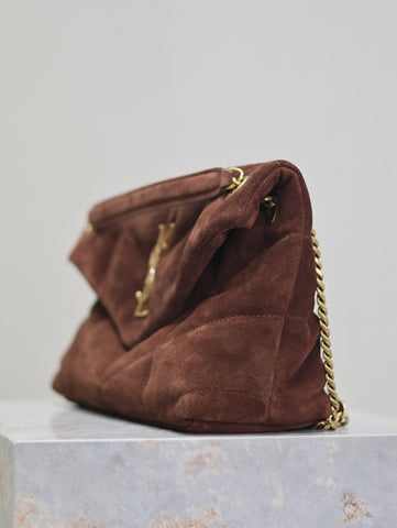 YSL 25S LOULOU PUFFER MM 29 IN DARK BROWN SUEDE GOLD HARDWARE