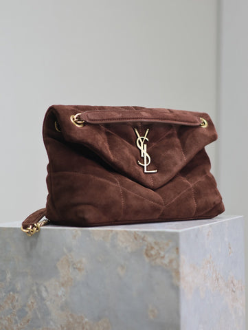YSL 25S LOULOU PUFFER MM 29 IN DARK BROWN SUEDE GOLD HARDWARE
