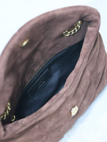 YSL 25S LOULOU PUFFER MINI 23 IN DARK BROWN SUEDE GOLD HARDWARE