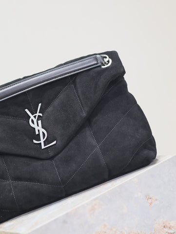 YSL 25S LOULOU PUFFER GM 35 IN BLACK SUEDE SILVER HARDWRE