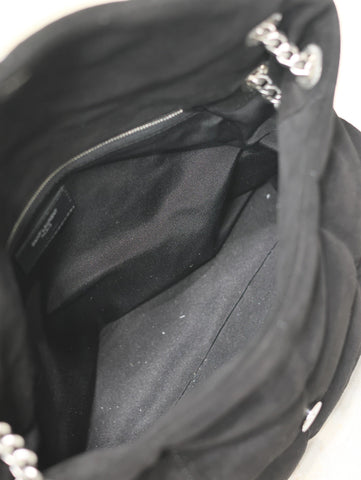 YSL 25S LOULOU PUFFER GM 35 IN BLACK SUEDE SILVER HARDWARE