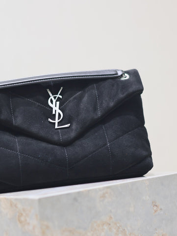 YSL 25S LOULOU PUFFER MM 29 IN BLACK SUEDE SILVER HARDWRE