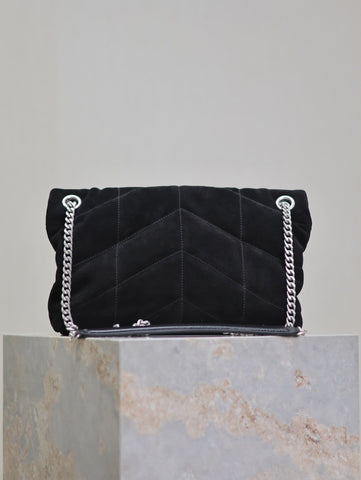 YSL 25S LOULOU PUFFER MM 29 IN BLACK SUEDE SILVER HARDWARE