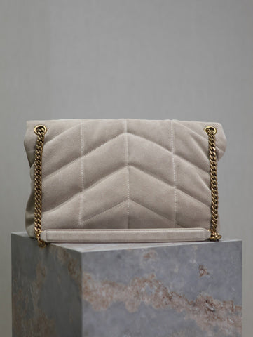 YSL 25S LOULOU PUFFER GM 35 IN SMOKEY TAUPE SUEDE GOLD HARDWRE