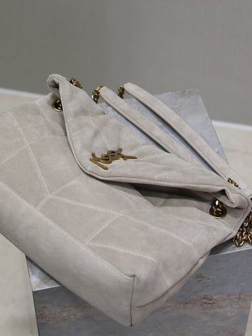 YSL 25S LOULOU PUFFER GM 35 IN SMOKEY TAUPE SUEDE GOLD HARDWRE