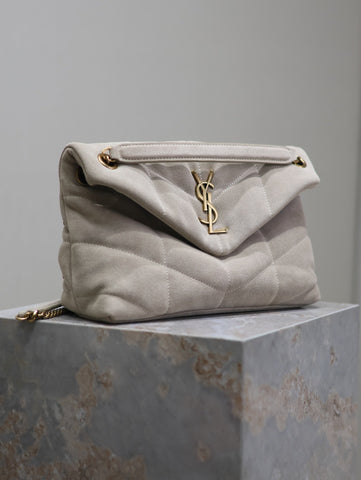 YSL 25S LOULOU PUFFER MM 29 IN SMOKEY TAUPE SUEDE GOLD HARDWARE