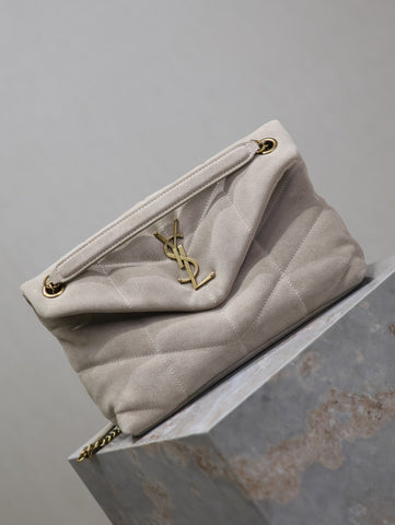 YSL 25S LOULOU PUFFER MM 29 IN SMOKEY TAUPE SUEDE GOLD HARDWARE