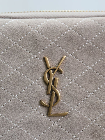 GABY ZIPPED POUCH 19 IN GRAY MATTE SUEDE GOLD HARDWARE