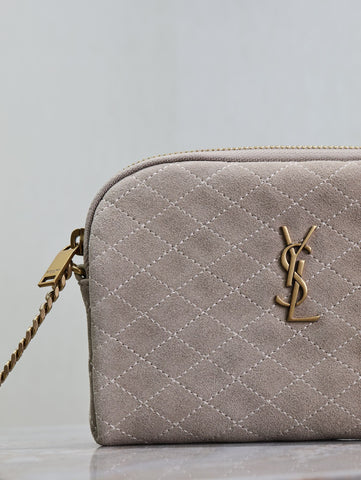 GABY ZIPPED POUCH 19 IN GRAY MATTE SUEDE GOLD HARDWARE