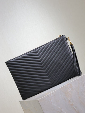 CLUTCH 36 IN BLACK QUILTED CALFSKIN GOLD BUCKLE