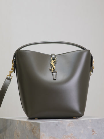 YSL 25S LE 5 À 7 BUCKET 26 IN DARK OLIVE CALFSKIN GOLD HARDWRE
