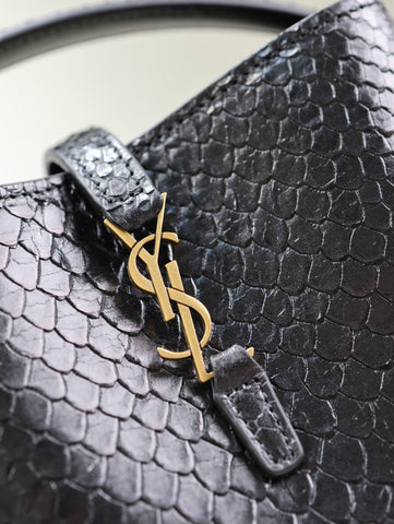 YSL 25S LE 37 BUCKET 15 IN BLACK SNAKE EMBOSSED CALFSKIN GOLD HARDWARE